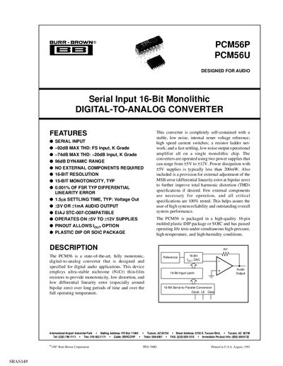Burr-Brown PCM56 Digital-to-Analog Converter Data Sheet - cover page