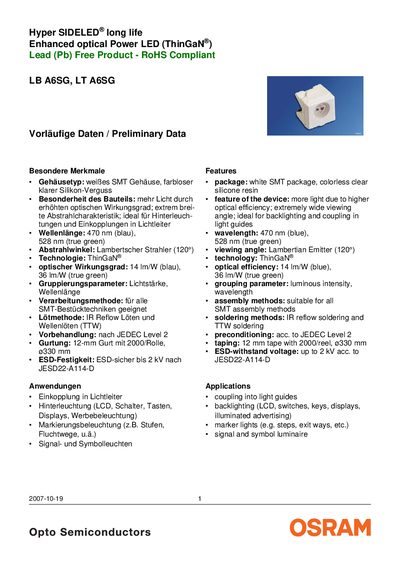 OSRAM Hyper SIDELED LB A6SG / LT A6SG Datasheet - cover page