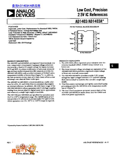 Analog Devices AD1403/AD1403A Low Cost Precision 2.5V IC References Datasheet - cover page