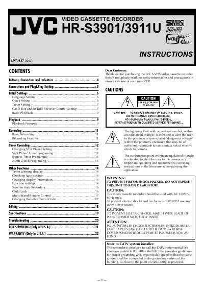 JVC HR-S3901/3911U S-VHS Video Cassette Recorder User Manual - cover page