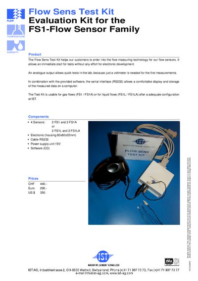 IST FS1-Flow Sensor Family Evaluation Kit Product Leaflet - cover page