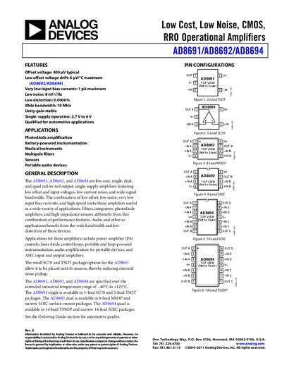 Analog Devices AD8691/AD8692/AD8694 Datasheet Rev E - cover page