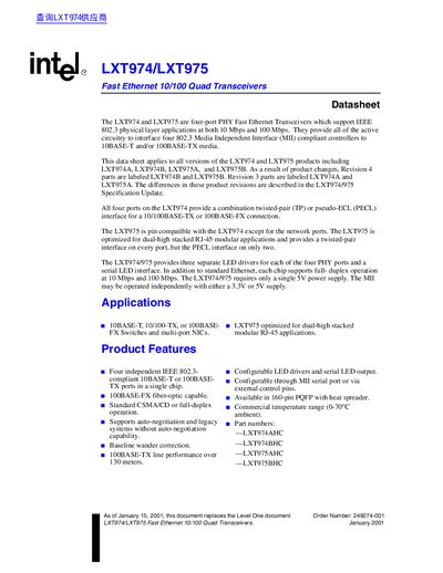 Intel LXT974/LXT975 Fast Ethernet 10/100 Quad Transceivers Datasheet - cover page