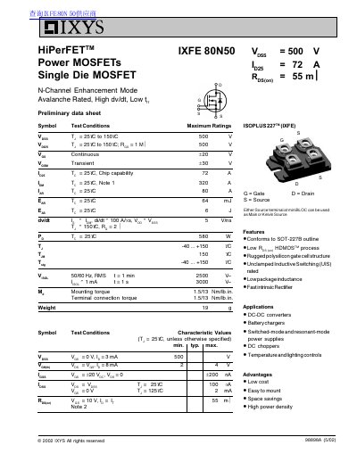 IXYS IXFE 80N50 HiPerFET Power MOSFET Datasheet - cover page