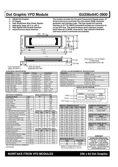 Noritake Itron GU256x64C-3900 Dot Graphic VFD Module Manual - cover page