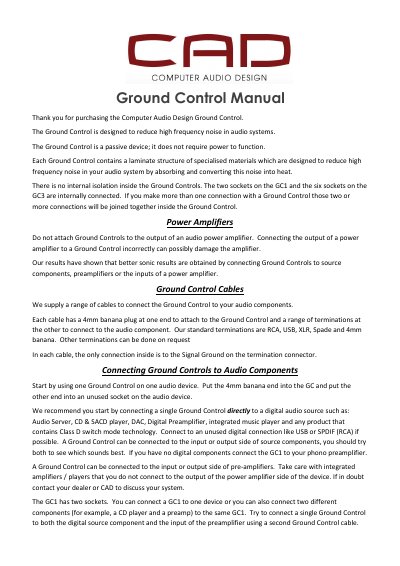 Computer Audio Design GC1 & GC3 Ground Control User Manual - cover page