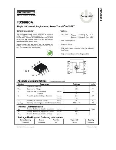 Fairchild FDS6690A Single N-Channel Logic-Level PowerTrench MOSFET Datasheet