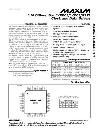 Maxim MAX9311/MAX9313 Differential LVPECL/LVECL/HSTL Clock and Data Driver Datasheet - cover page