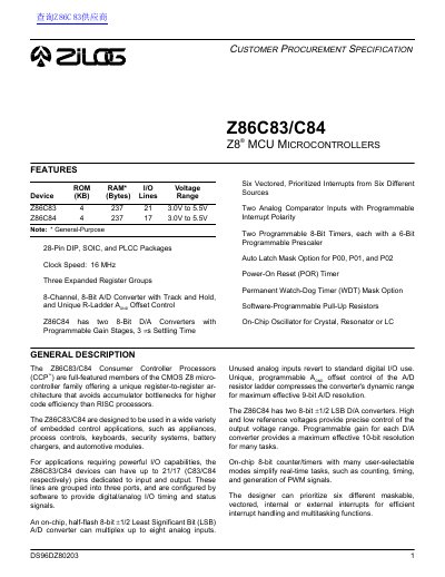 Zilog Z86C83/C84 Consumer Controller Processor Datasheet - cover page
