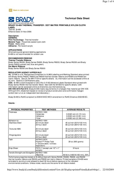 Brady B-499 Printable Nylon Cloth Label Datasheet - cover page