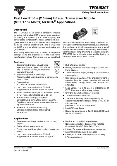 Vishay TFDU5307 Infrared Transceiver Module Datasheet - cover page