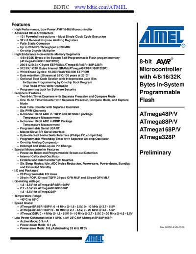 Atmel ATmega48P/ATmega88P/ATmega168P/ATmega328P Preliminary Handbook - cover page