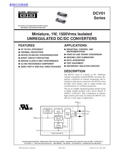 Burr-Brown DCV01 Series Isolated DC/DC Converter Datasheet - cover page