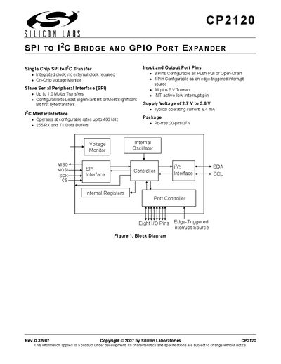 Silicon Labs CP2120 SPI to I2C Bridge and GPIO Port Expander Datasheet - cover page