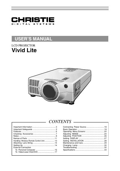 Christie Vivid Lite LCD Projector User Manual - cover page