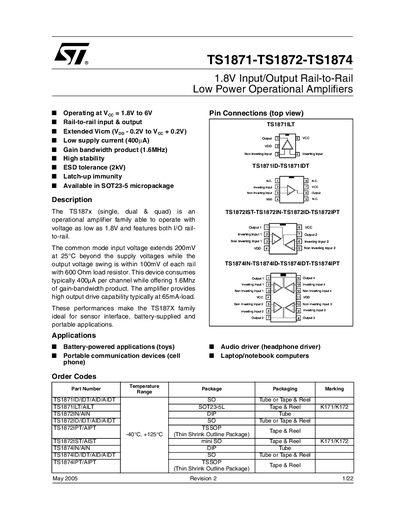 STMicroelectronics TS1871/TS1872/TS1874 Operational Amplifier Datasheet - cover page