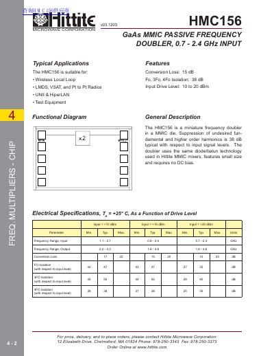 Hittite HMC156 GaAs MMIC Passive Frequency Doubler Datasheet - cover page