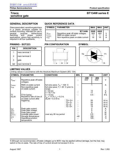 Philips BT134W Series E Triac Datasheet - cover page