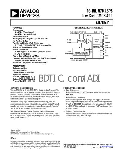 Analog Devices AD7650 16‑Bit 570 kSPS ADC Datasheet - cover page