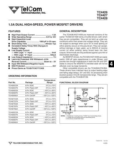 TelCom TC4426/TC4427/TC4428 1.5A Dual High-Speed Power MOSFET Drivers Datasheet - cover page