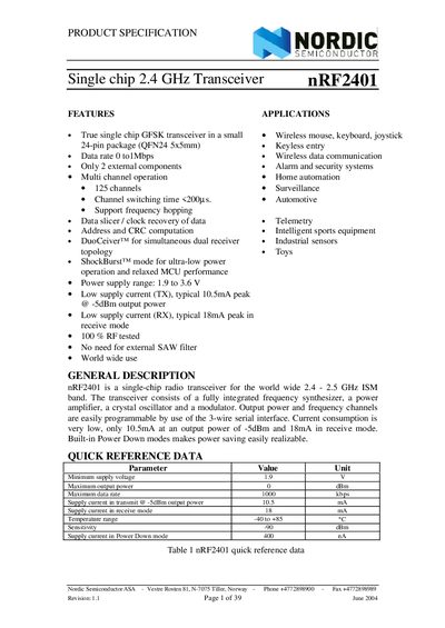 Nordic nRF2401 Single Chip 2.4 GHz Transceiver Datasheet - cover page