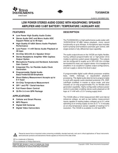 Texas Instruments TLV320AIC26 Audio Codec Datasheet - cover page