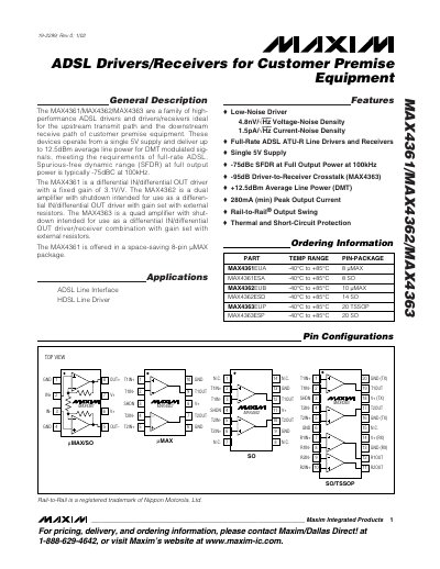 Maxim MAX4361/MAX4362/MAX4363 ADSL Drivers/Receivers Datasheet - cover page