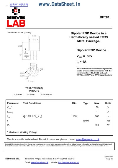 Semelab BFT81 Bipolar PNP Device Datasheet - cover page