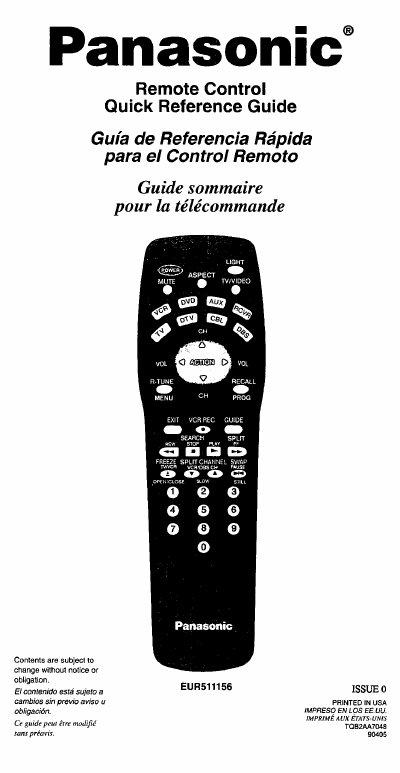 Panasonic EUR511156 Remote Control Quick Reference Guide - cover page