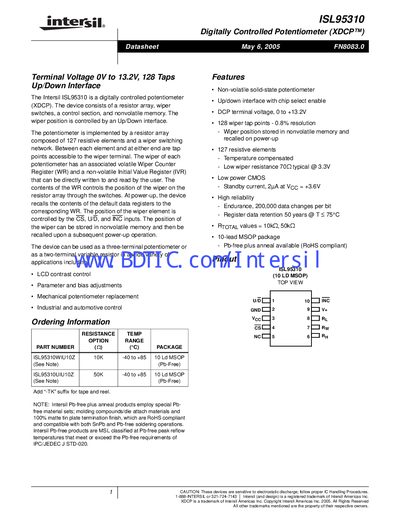 Intersil ISL95310 Digitally Controlled Potentiometer Datasheet - cover page