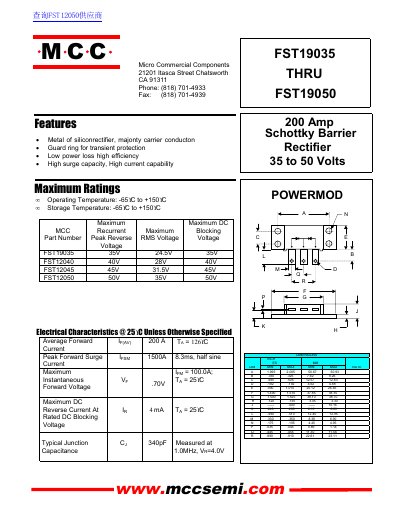 MCC FST19035 thru FST19050 200 Amp Rectifier Datasheet - cover page
