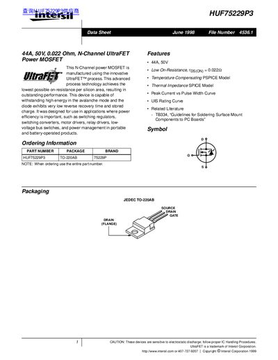 Intersil HUF75229P3 N-Channel Power MOSFET Datasheet - cover page