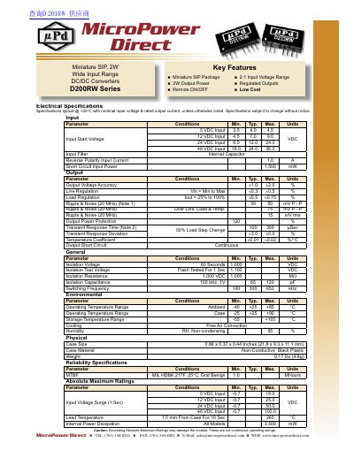 MicroPower Direct D200RW Series Miniature SIP DC/DC Converter Product Data Sheet - cover page