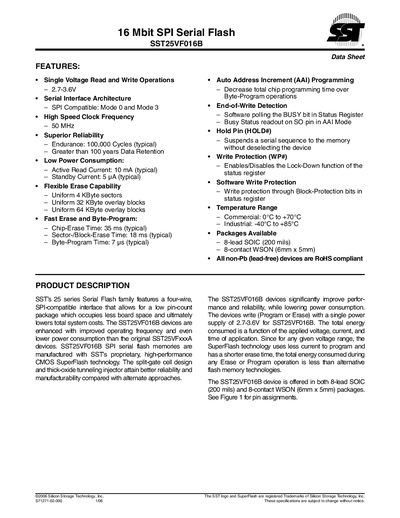 SST SST25VF016B 16 Mbit SPI Serial Flash Data Sheet - cover page