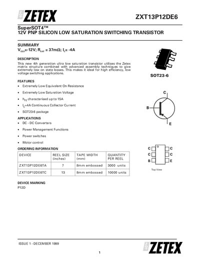 Zetex ZXT13P12DE6 Datasheet - cover page