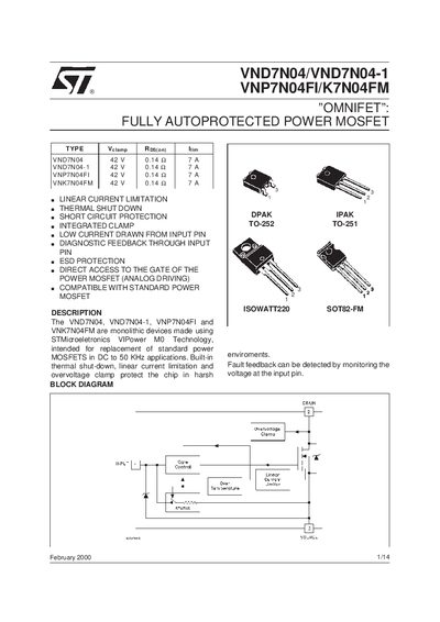 ST VND7N04/VND7N04-1/VNP7N04FI/K7N04FM handbook - cover page