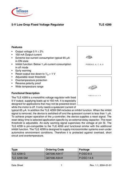 Infineon TLE 4299 5‑V Low Drop Fixed Voltage Regulator Data Sheet - cover page