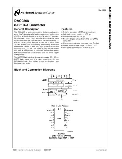 National Semiconductor DAC0808 8-Bit D/A Converter Datasheet - cover page