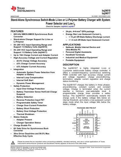 Texas Instruments bq24610/bq24617 Battery Charger Datasheet - cover page