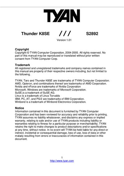 TYAN Thunder K8SE S2892 Manual - cover page