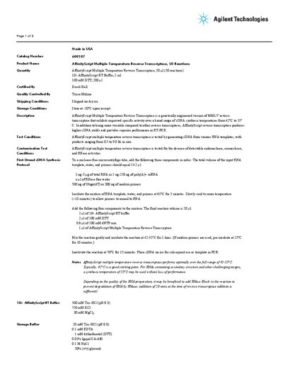 Agilent Technologies AffinityScript Multiple Temperature Reverse Transcriptase Product Leaflet - cover page
