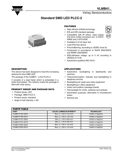 Vishay VLMB41 SMD LED Datasheet - cover page