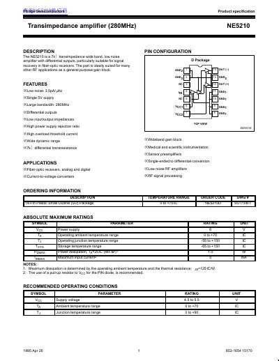 Philips Semiconductors NE5210 Transimpedance Amplifier Datasheet - cover page