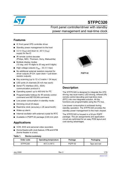 STMicroelectronics STFPC320 Front Panel Controller/Driver Manual - cover page