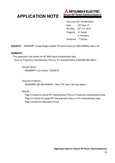 Mitsubishi Electric RDO5MMP1 Application Note AN-900-030-A - cover page
