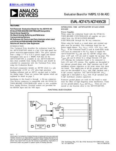 ANALOG DEVICES Evaluation Board for 1MSPS 12-Bit ADC EVAL-AD7475/AD7495CB handbook - cover page