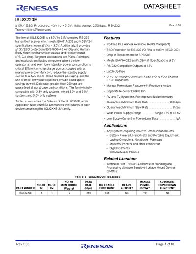 Intersil ISL83220E RS-232 Transceiver Datasheet