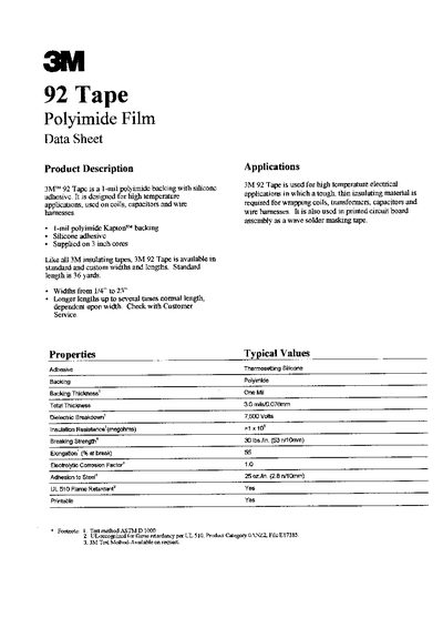 3M 92 Tape Polyimide Film Data Sheet - cover page