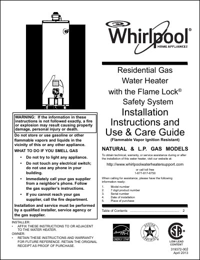 Whirlpool Flame Lock® Safety System Residential Gas Water Heater User Manual - cover page