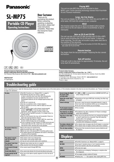 Panasonic SL-MP75 Portable CD Player Operating Instructions - cover page